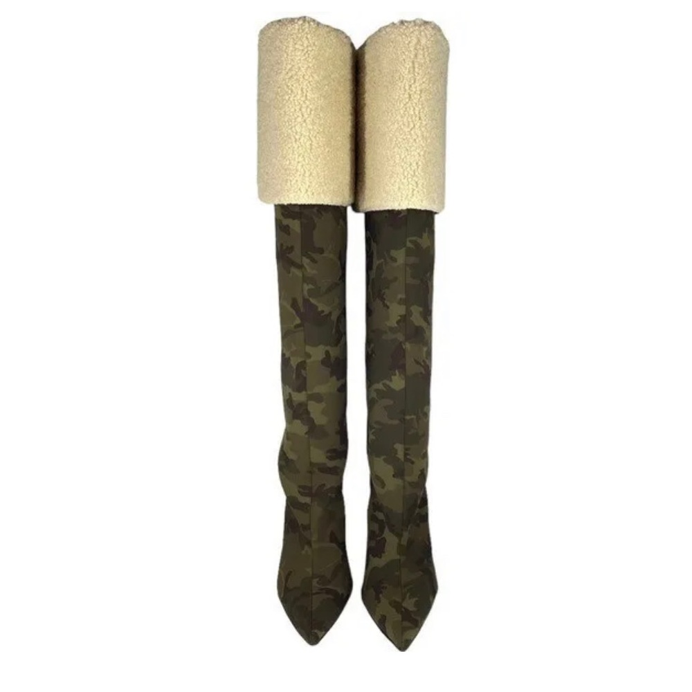 NIB Good American High Kickstand Camo Neoprene Over The Knee Boots w/ Sherpa